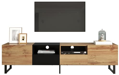 RAPRAP Meuble TV en bois de 190 cm avec design noir et couleur bois - Meuble TV bas debout avec 2 portes et 2 tiroirs - Meuble TV moderne