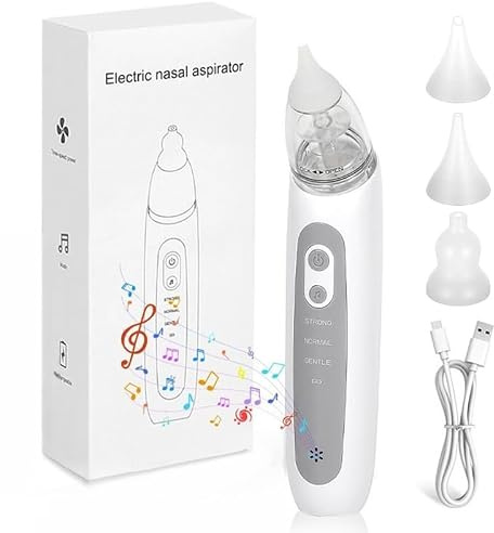 Aspiratore nasale elettrico per bambini, aspiratore nasale per bambini, con 3 punte in silicone e 3 livelli di aspirazione, funzione lenitiva con musica e luce, aspiratore nasale anti-riflusso per