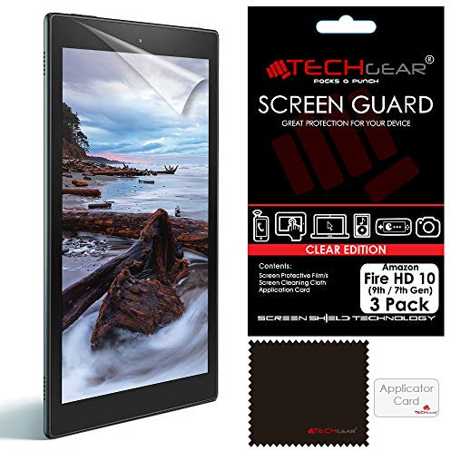 TECHGEAR [3 Stück] Displayschutz für Amazon Fire HD 10 2019 9. Gen, 2017 7. Gen (10.1 zoll) - Ultra Klare Schutzfolie für Amazon Fire HD 10 (Alexa 2017/2019) mit Reinigungstuch + Applikationskarte