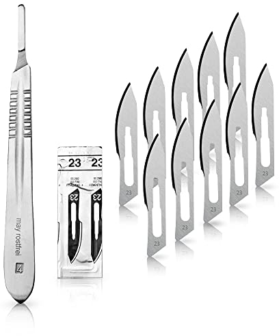 Set avec 10 x lames de scalpel N° 23 - Lame stérile en acier au carbone et 1 x May - manche de scalpel Figure N° 4 en acier inoxydable
