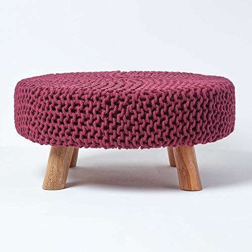 HOMESCAPES Plum Knitted Pouffe Footstool Occasional Seat 100% Cotton for Living Room Children or the Elderly