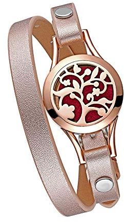 JewelryWe Schmuck Ätherisches Öl offenes Lederarmband Halskette, Aromatherapie ätherisches Öl Diffusor Medaillon Armband 316L Edelstahl Lebensbaum Kette + 10 Pads