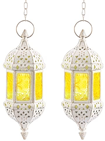Nuptio Lanterne Bougie Suspendue Marocaine: 2 Pièces Lanternes Blanches pour Bougies Porte-Bougies Chauffe-Plat Lampe Décorative Photophores avec Chaîne pour Décorations Noël Jardin Patio Maison
