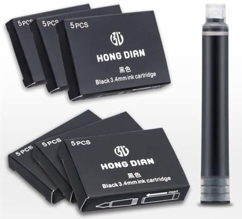 Asvine Fountain Pen Ink Cartridges Black Color, Set of 30 Refill Ink Cartridges, 3.4 mm Bore Diameter