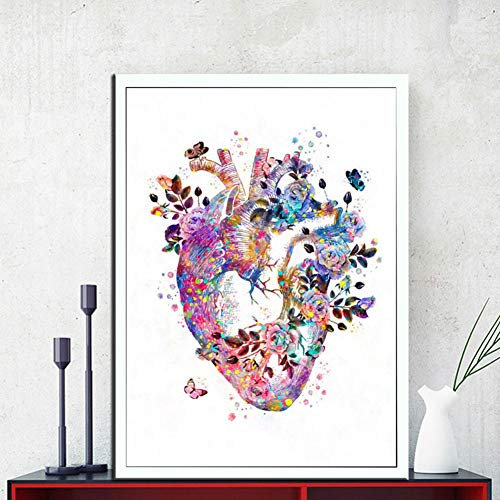 EPSMK Impression Toile Coeur Humain Imprimer Organe Anatomie Toile Peinture Médecine Anatomique Affiche Vintage Imprimer Aquarelle Fleur Photos Clinique Décor-sans Cadre