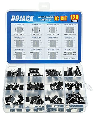 BOJACK 12 Values 120 Pcs IC Opamp Timer Darlington Phototcoupler oscillator pwm LM324 LM339 ULN2003AN ULN2803APG LM358P LM386 LM393 NE5532P NE555P UA741CN JRC4558D PC817 Assortment Kit
