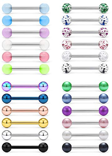 VCMART 24stk Zungenpiercing Set 14G Chirurgenstahl Piercing Zunge Tongue 12/14/16/18mm Stab Verschiedene Kugeln