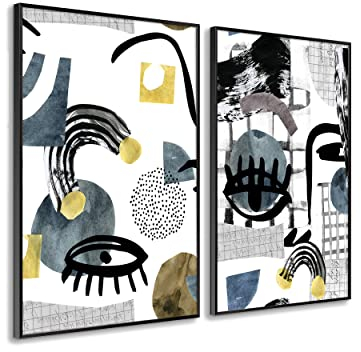 DekoArte - Tableau decoration murale salon ART ABSTRAIT PICASSO 50x70 cm, x2 pièces - Tableaux avec cadre noir inclus