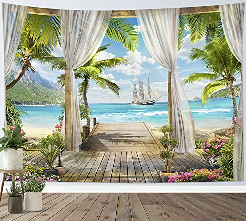 LB Wandteppich Türkises Meer Wandtuch Grüne Palme außerhalb des Balkons Wandbehang Tropischer Strand Tapisserie für Wohnzimmer Schlafzimmer Wohnheim Wanddeko,235x180cm