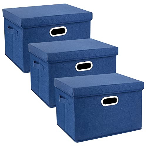 TYEERS Aufbewahrungsbox mit Deckel Groß, Stoff, Faltbare, Waschbare, Kisten Aufbewahrung mit Deckel, 44x30x29 cm, 3-Stück, Klassisch Blau