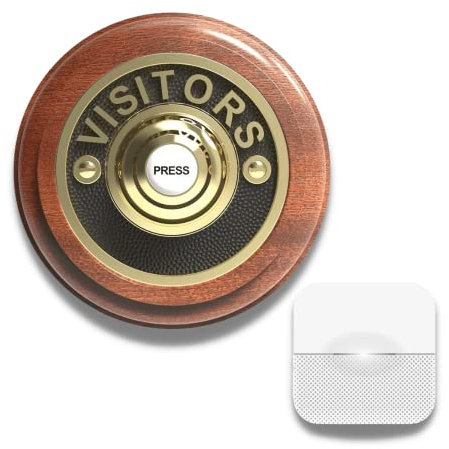 Traditional High Quality Round Wireless Doorbell in Mahogany and Visitor Brass - Portable (Battery) B6 White