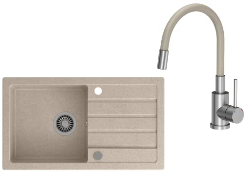 VBChome Spülbecken mit Armatur 77 x 44 cm Beige Spüle Einzelbecken Küche Einbauspüle Verbundspüle Küchenspüle gesprenkelt flächenbündig Siphon Waschbecken Spültischmischer mit flexiblem Auslauf
