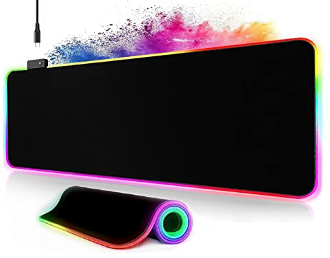 Tappetino per mouse da gaming, XXL, 800 x 300 mm, RGB, grande con 14 modalità di illuminazione, 7 colori LED, bordi cuciti, impermeabile, antiscivolo, migliora la precisione, completamente nero