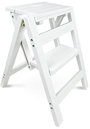 Knjlwa Leiter 2 Stufen, Trittleiter, klappbar, Natur, B38 x T42 x H52 cm, Haushalttritt für Küche Wohnzimmer Garage,weißes, Holz