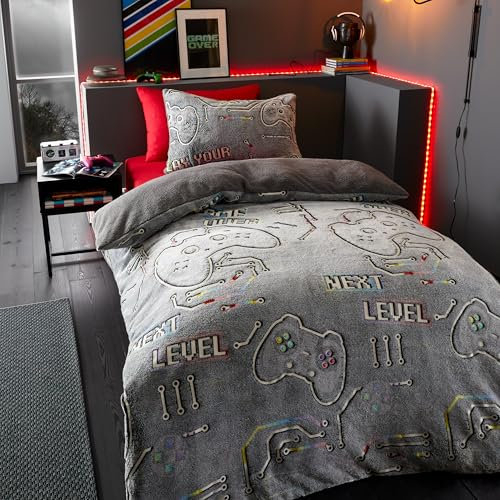 Catherine Lansfield Game Over Glow in the Dark Fleece Double Duvet Cover Set with Pillowcases Black