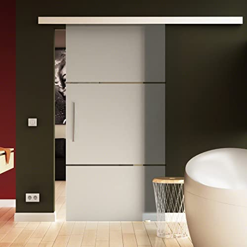 SoftClose-Glas-Schiebetür 775x2175 mm 2-Streifen-Design Sadora® Slimline-System komplett Laufschiene und Stangengriff/Griffleiste Schiebetür aus Glas für Innenbereich