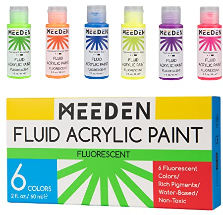 MEEDEN Acrylfarben Set Fluoreszierend 6 x 60 ml, Fluid Acrylic Paint, Acrylfarben Wasserfest und Lichtecht, Ungiftig, Ideal für Leinwand, Papier und Stoffe, Geeignet für Anfänger und Profis