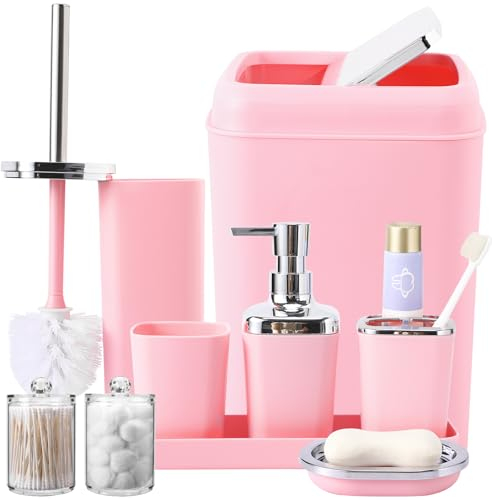 XLHOMO Rosa Badezimmer-Zubehör-Set, Kunststoff-Badezimmer-Set mit Tablett, Seifenspender, Zahnbürstenhalter, Zahnbürstenbecher, Seifenschale, WC-Bürste, Mülleimer und Q-Tip-Haltern