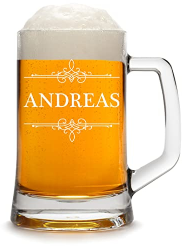 Bierkrug 0,5 Liter mit Wunschgravur - Maßkrug aus Glas - Geburtstagsgeschenk für Männer - Trinkglas Bier und Weißbier - Weißbierglas mit Henkel - München Klassiker - Oktoberfest - Weihnachten