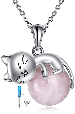 Vadmans Cat Urn Necklace Sterling Silver Rose Quartz Cat Pendant Urn Jewellery for Ashes Gifts for Women