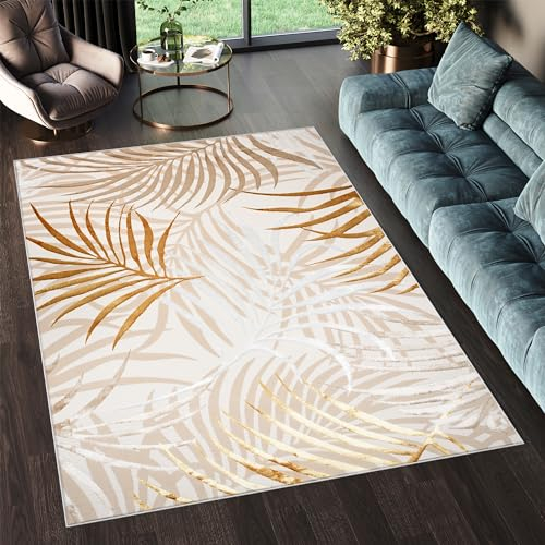 TAPISO Golden Teppich Kurzflor Wohnzimmer Schlafzimmer Luxuriös Creme Gold Beige Blätter Meliert Verwischt Modern Design ÖKOTEX 120 x 170 cm