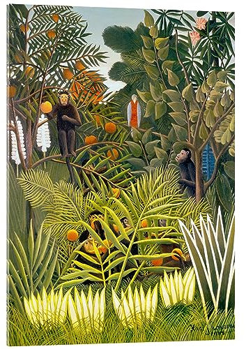 Posterlounge Paysage exotique avec des singes et un perroquet Tableau en verre acrylique de Henri Rousseau 50 x 70 cm Vert Tableaux Décoration murale