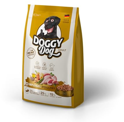 DOGGY Dog Geflügel Adult, 1 kg, Trockenfutter mit hohem Fleischanteil für ausgewachsene Hunde, getreidefreies Hundefutter mit Lachsöl, Made in Germany