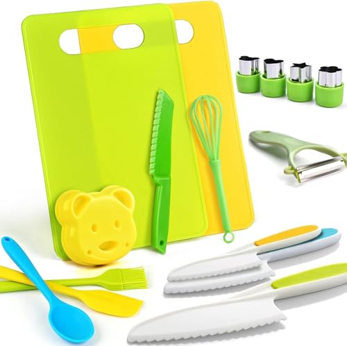 13 piezas Juego de Cuchillos de Cocina para Niños, Cuchillos de Seguridad para Niños de Almacenamiento, para Cortar y Cocinar, Tabla de Cortar, Pelador