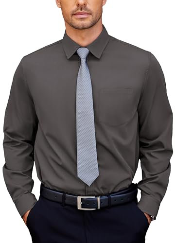 COOFANDY Hemd Herren Langarm Anzug Hemd Business Stretch Hemden Kent-Kragen Oberhemden Herrenhemden Manschettenhemd Dress Hemden mit Brusttasche Dunkelgrau XXL