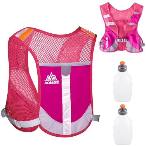 Azarxis Gilet de Course Réfléchissant Sac à Dos Hydratation Gilet Trail Veste Running Léger pour Homme Femme Randonnée Vélo Marathon (Rose Rouge avec 2 gourdes de 250 ML)