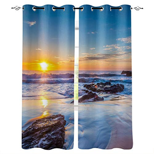 KLJFIGUT Vorhang Blickdicht Meer Verdunklungsvorhänge Gardinen 140B X245 H cm 2er Set, Verdunkelungsvorhang Vorhänge Polyester für Schlafzimmer Büro Wohnzimmer Dekoration