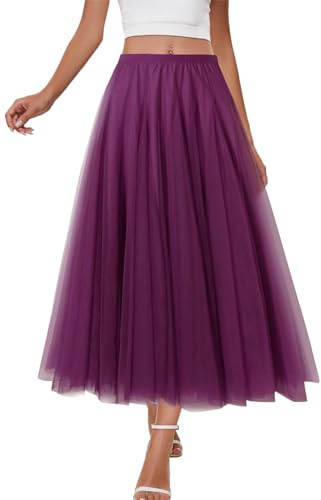 shownicer Gonna Donna Elegante Elastica A-Linea Lungo a Pieghe in Tulle Motivo Floreale Gonne Midi in Pizzo a Vita Alta Casual Gonna A Viola Scuro L