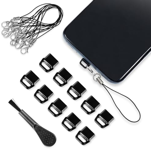 GEEHUA 10 Stück USB C Staubstecker Abdeckung, Typ C Anti Staub Stecker Staubschutz Abdeckung Schutzkappe mit 10 Stück Lanyard Telefonringband für Mobiltelefone und Reinigungsbürste (Schwarz)