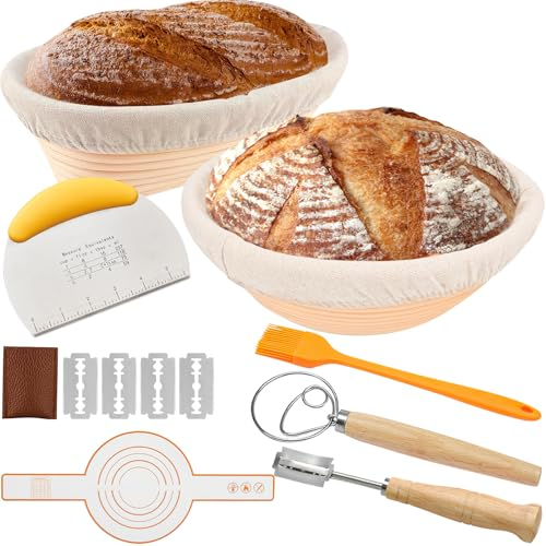 LADYSONS Gärkorb Brot Set, Gärkörbchen zum Brotbacken, Sauerteig Starter Set mit 23cm Rund & 25cm Oval Brotkörbchen, Silikon-Brotschlinge, Bratpinsel, Teigmischer, Schüsselschaber & Teigschaber