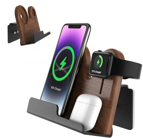 3-in-1-Wandhalterung, kompatibel mit Magsafe-Ladeständer, Holz-Handyhalterung für iPhone 15/15 Pro/14/13/12 Serie, kompatibel mit Apple Watch, AirPods, Magsafe-Zubehör [MagSafe-Ladegerät Nicht im