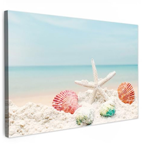 MuchoWow© Bilder 120x80 cm Deko Modern Wandbild Kunstdruck auf Leinwand Bild Badezimmer WC über Bett Room Decor Geschenke Strand - Toilette - Meer - Seestern - Muschel