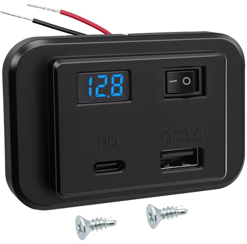 Hoembpn USB Ladebuchse Autoladegerät mit Voltmeter PD Type C & QC3.0 USB Handy Schnellladegerät Steckdose Panel mit Schalter für 12V/24V Wohnmobil, Auto, Motorrad, LKW