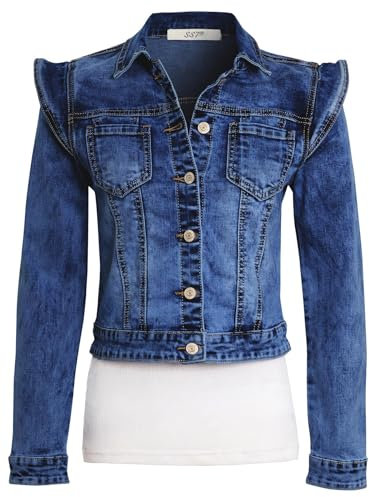 SS7 Womens Denim Jacket Stretch Cap Puff Ruffle Sleeve Mid Blue