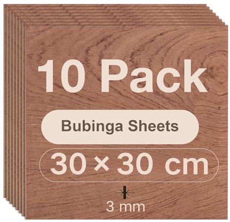 ROBOTIME Sperrholzplatte 3mm Bubinga Holzplatte Zuschnitt Nach Maß,Multiplex Platte Holz Laser Leimholzplatte Laserschnitt, CNC Router, Durchbrochenes 30CM*30CM 10 Stück