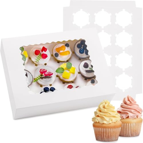 Sivaopa 12 Löcher Muffin Box - Weiße Cupcake Transportbox mit Transparentem Sichtfenster, Bäckerei-Boxen für Träger, Behälter (12 Stück)
