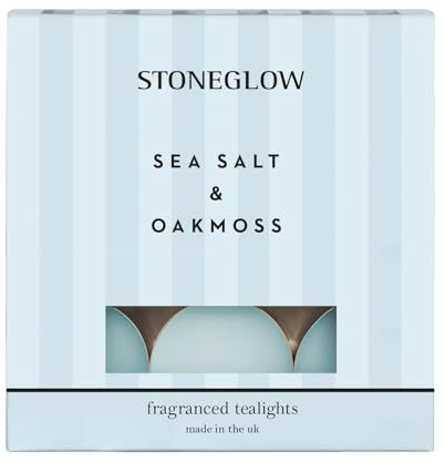 Stoneglow Modern Classics Collection - Sea Salt & Oakmoss - Scented Tealight Candles (37 x 22mm) 180g Blue x 9