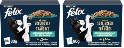 Felix Köstliche Scheibchen Katzenfutter nass in Gelee, Geschmacksvielfalt aus dem Wasser, 12er Pack (6 x 10 Beutel à 80g)