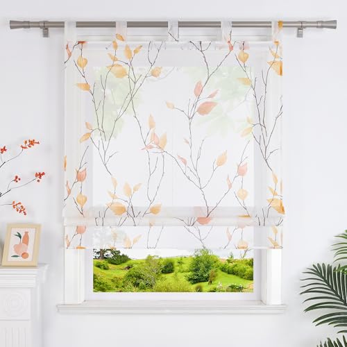 Heichkell Raffrollos ohne Bohren Transparente Raffgardine Gardine mit Blätter Druck Elegant Vorhang Raffrollo mit Schlaufen Orange BxH 120x140 cm