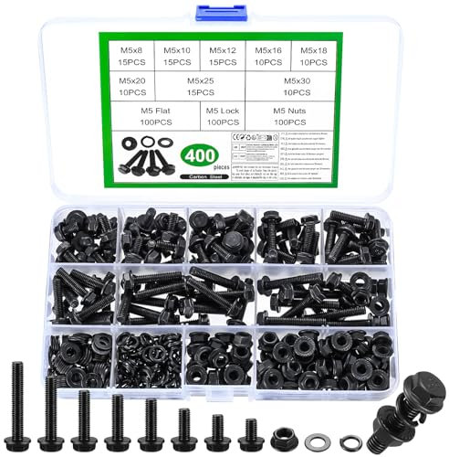 400 Pcs M5 Nuts and Bolts Set, Hex Serrated Flange Bolts and Nuts Set, Metric Flanged Hex Head Bolts and Nuts Assortment Kit, Black Assorted Machine Screws Flange Nuts Lock and Flat Washers Set (M5)