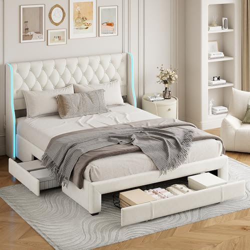 Doppelbett 140x200 cm mit LED, Polsterbett mit Stauraum, Jugendbett Stauraumbett mit 3 Schubladen, Funktionsbett Bettgestell mit Verstellbares Kopfteil und Lattenrost, Ohne Matratze, Beige, Flanell
