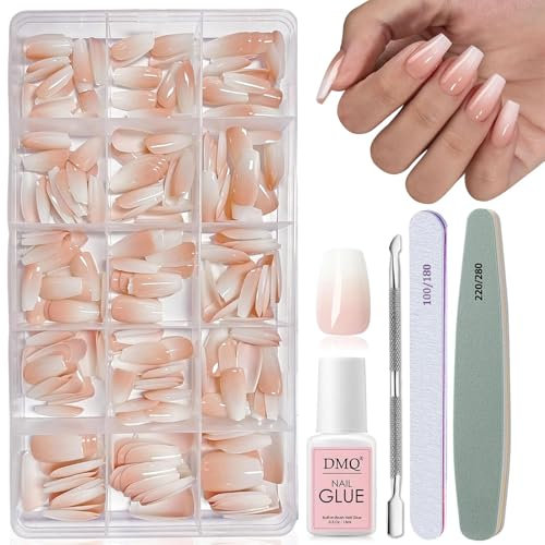 DMQ False Nails Kit with Glue, 240Pcs Natural Gradient Nude Fake Nails, Coffin Acrylic Press on Nails Pink Tips, 15 Sizes Glossy Full Cover Stick on Nail with Nail Glue for Women Girls Nails Art