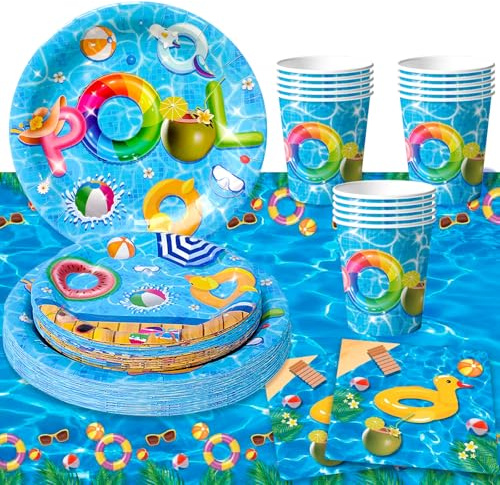 Set di stoviglie per feste in piscina, 97pcs decorazioni per feste in piscina tovaglia, piatti di carta, tovaglioli e bicchieri, per decorazioni da tavola per feste per 24 ospiti