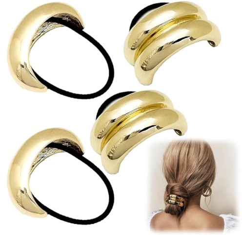 4 Stück Elastische Haarreifen Haarschmuck Damen - Goldene Metall-Haargummis für Frauen und Mädchen - Schwarzes Zopfgummi - Haargummi Gold - Dickes Dünnes Lockiges - Geschenkidee.