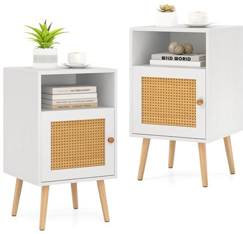 COSTWAY Bedside Table, Solid Wood Legs Nightstand End Sofa Side Table with Rattan Door and Storage Shelf, Bedside Cabinet Accent Tea Tables for Living Room Bedroom, 40x39x70cm (2, White+Natural)