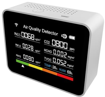 Tixqeaif 13 in 1 Tuya WiFi Air Quality Monitor CO2/TVOC/HCHO/PM2.5/PM1.0/PM10/Temperature/Humidity/Time/Date/Alarm/Timer-White
